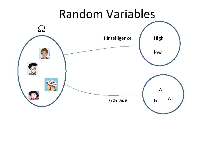 Random Variables W I: Intelligence High low A G: Grade B A+ 