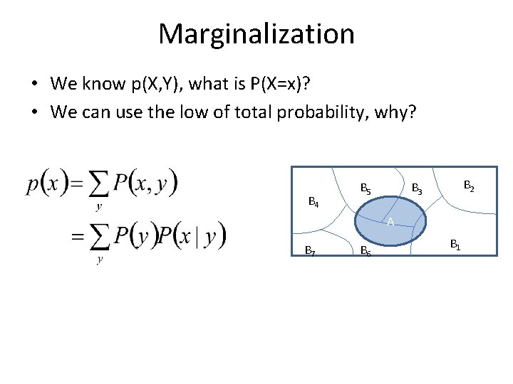 Marginalization • We know p(X, Y), what is P(X=x)? • We can use the