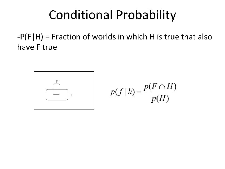 Conditional Probability -P(F|H) = Fraction of worlds in which H is true that also