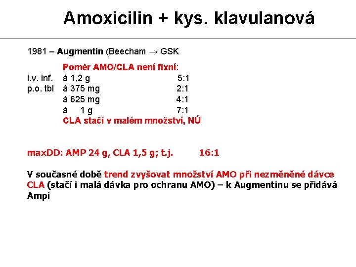  Amoxicilin + kys. klavulanová 1981 – Augmentin (Beecham GSK Poměr AMO/CLA není fixní:
