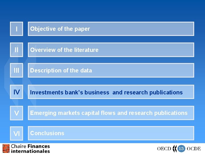 I Objective of the paper II Overview of the literature III Description of the