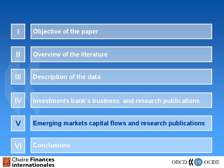 I Objective of the paper II Overview of the literature III Description of the
