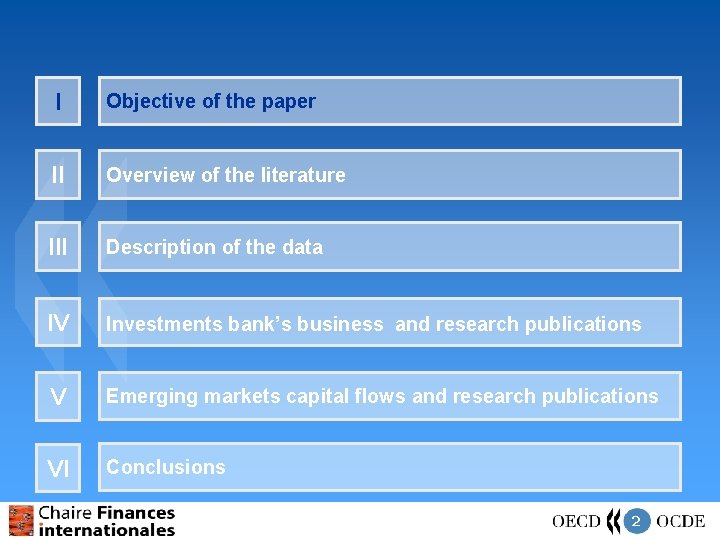 I Objective of the paper II Overview of the literature III Description of the