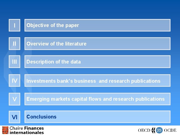 I Objective of the paper II Overview of the literature III Description of the