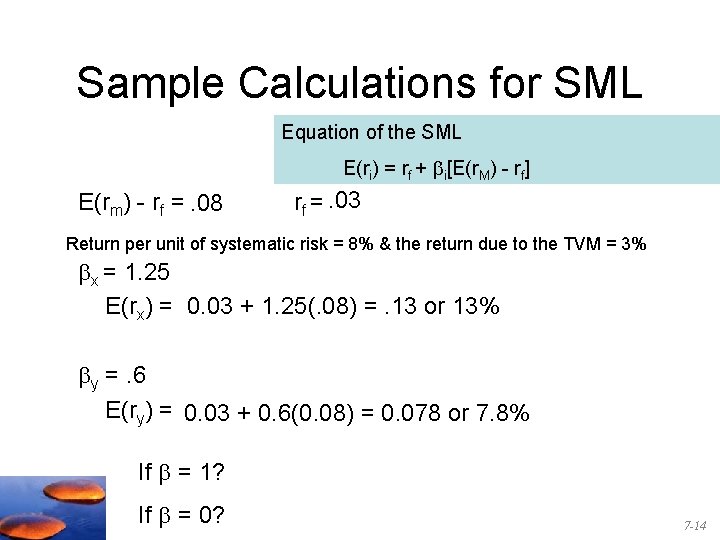 Sample Calculations for SML Equation of the SML E(ri) = rf + i[E(r. M) Sample Calculations for SML Equation of the SML E(ri) = rf + i[E(r. M)
