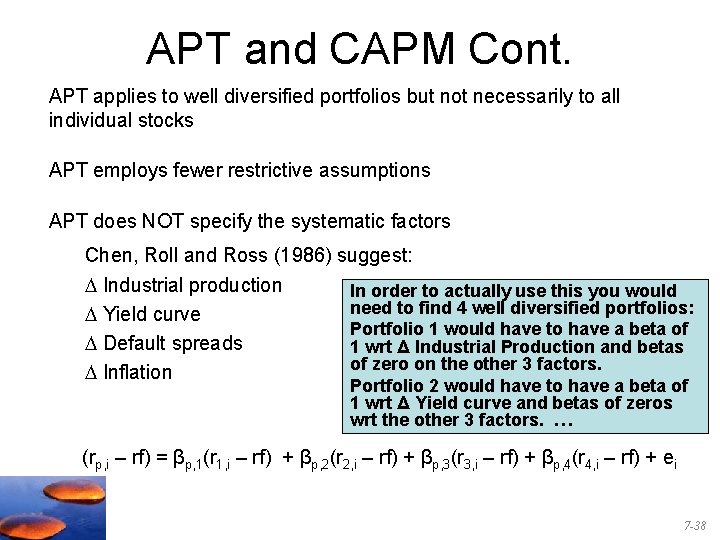 APT and CAPM Cont. APT applies to well diversified portfolios but not necessarily to