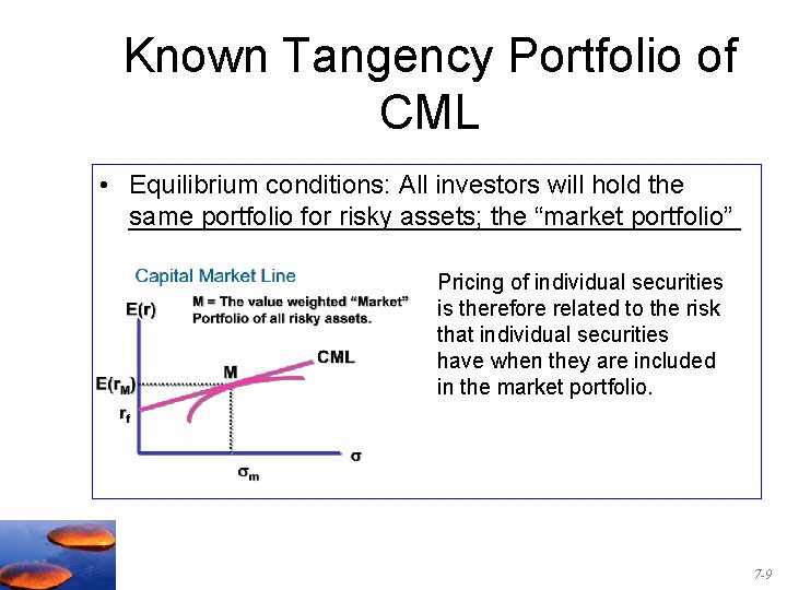 Known Tangency Portfolio of CML • Equilibrium conditions: All investors will hold the _____________________ Known Tangency Portfolio of CML • Equilibrium conditions: All investors will hold the _____________________
