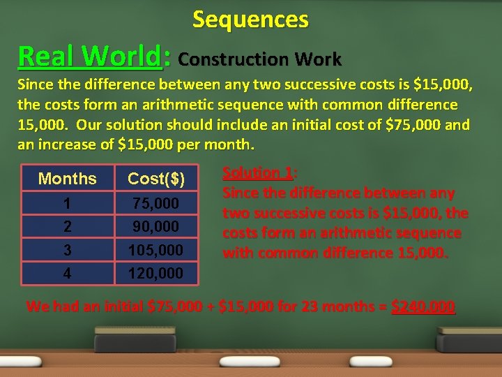 Sequences Real World: Construction Work Since the difference between any two successive costs is