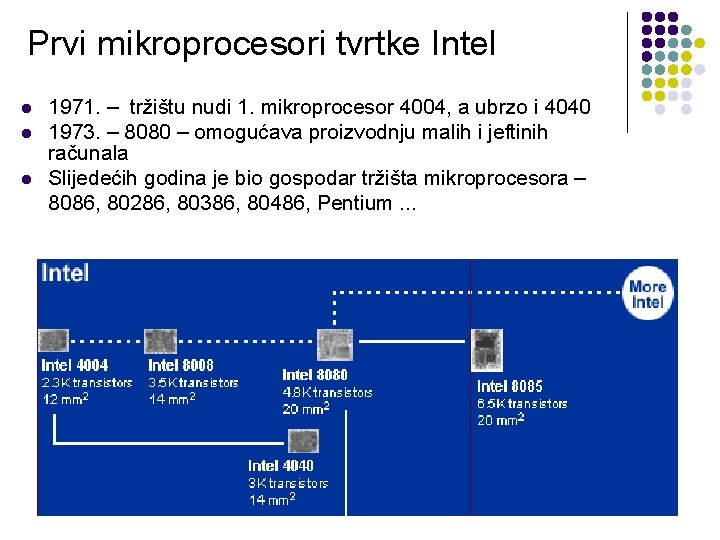 Prvi mikroprocesori tvrtke Intel l 1971. – tržištu nudi 1. mikroprocesor 4004, a ubrzo Prvi mikroprocesori tvrtke Intel l 1971. – tržištu nudi 1. mikroprocesor 4004, a ubrzo