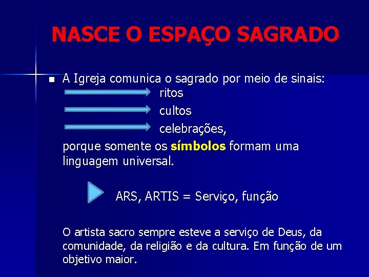 NASCE O ESPAÇO SAGRADO n A Igreja comunica o sagrado por meio de sinais: