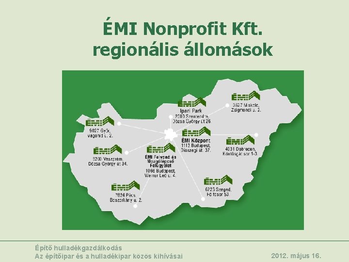 ÉMI Nonprofit Kft. regionális állomások Építő hulladékgazdálkodás Az építőipar és a hulladékipar közös kihívásai