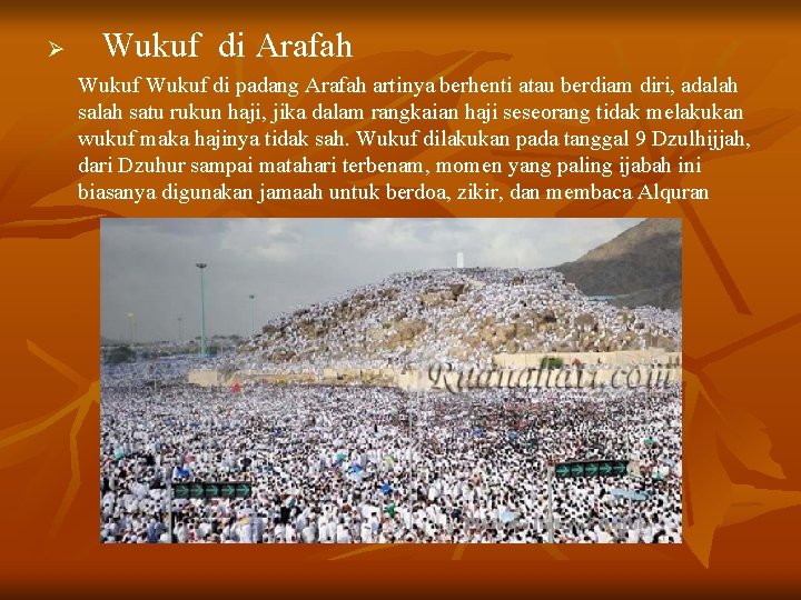 Ø Wukuf di Arafah Wukuf di padang Arafah artinya berhenti atau berdiam diri, adalah