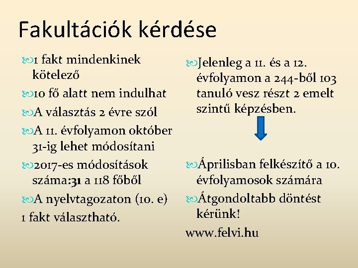 Fakultációk kérdése 1 fakt mindenkinek kötelező 10 fő alatt nem indulhat A választás 2