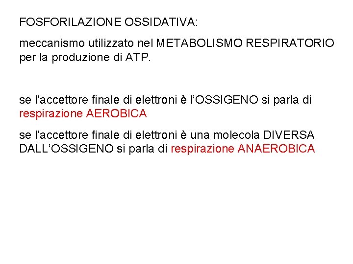FOSFORILAZIONE OSSIDATIVA: meccanismo utilizzato nel METABOLISMO RESPIRATORIO per la produzione di ATP. se l’accettore