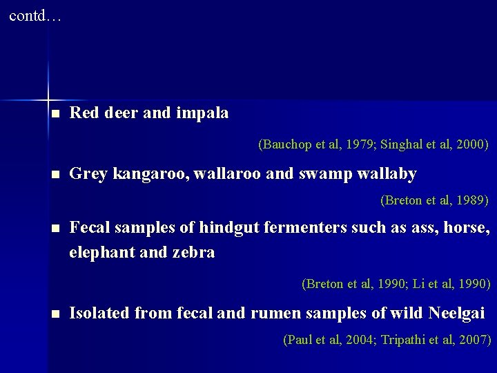 contd… n Red deer and impala (Bauchop et al, 1979; Singhal et al, 2000)
