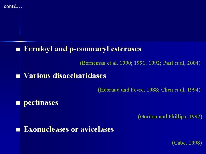 contd… n Feruloyl and p-coumaryl esterases (Borneman et al, 1990; 1991; 1992; Paul et