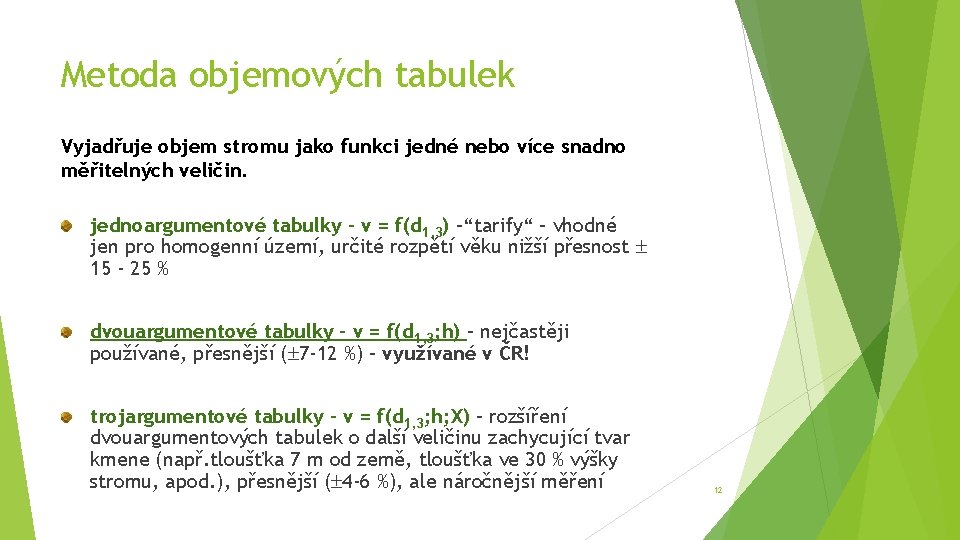 Metoda objemových tabulek Vyjadřuje objem stromu jako funkci jedné nebo více snadno měřitelných veličin. Metoda objemových tabulek Vyjadřuje objem stromu jako funkci jedné nebo více snadno měřitelných veličin.