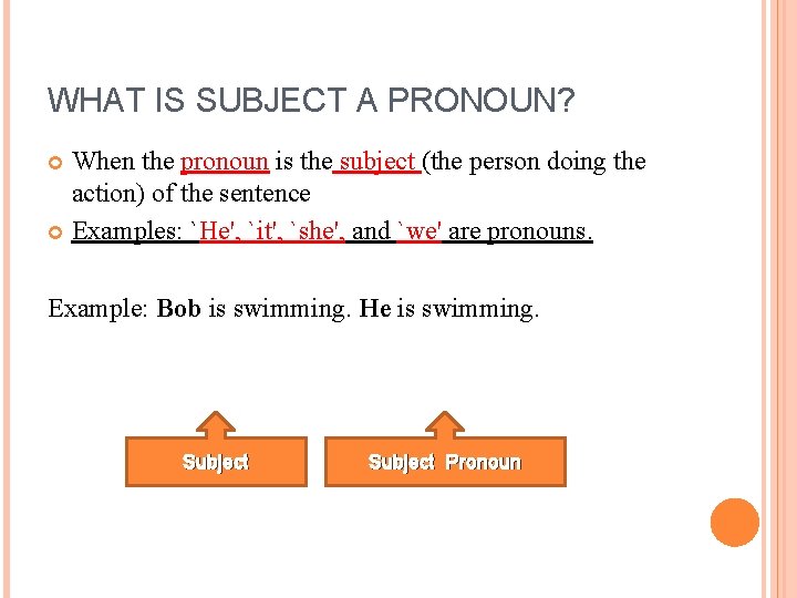 WHAT IS SUBJECT A PRONOUN? When the pronoun is the subject (the person doing