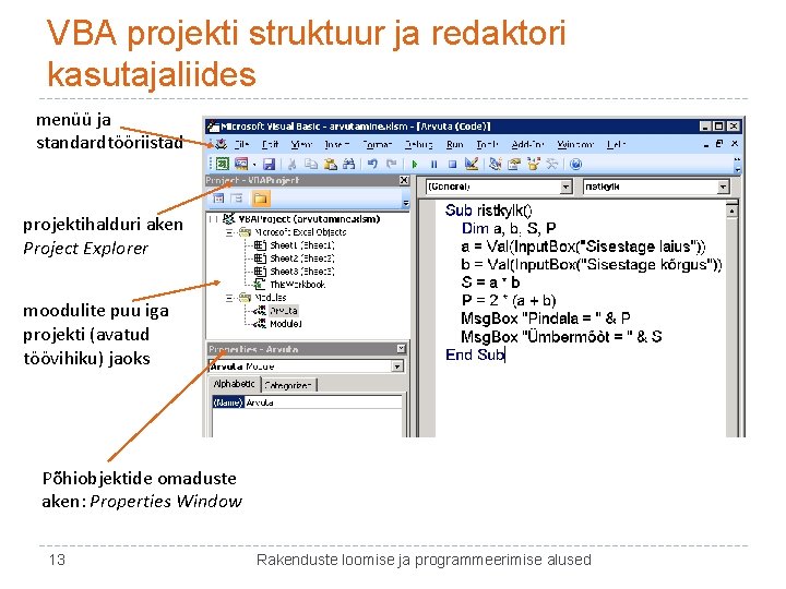 VBA projekti struktuur ja redaktori kasutajaliides menüü ja standardtööriistad projektihalduri aken Project Explorer moodulite