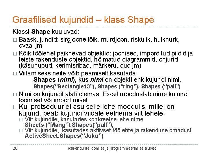 Graafilised kujundid – klass Shape Klassi Shape kuuluvad: � Baaskujundid: sirgjoone lõik, murdjoon, riskülik,