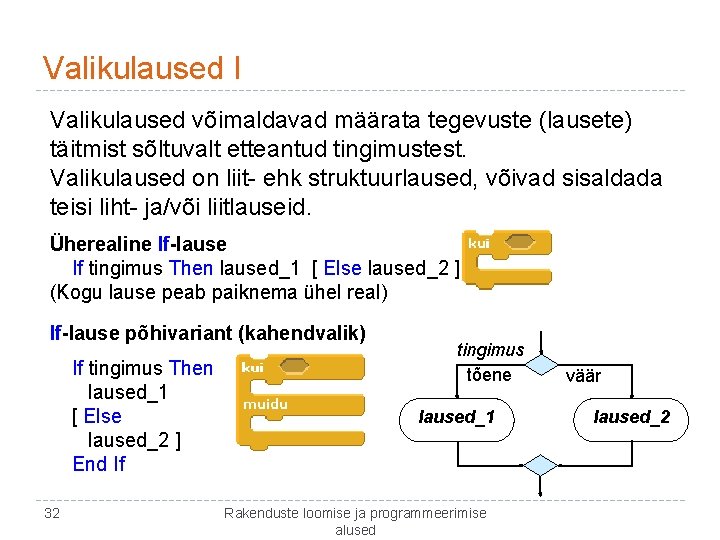 Valikulaused I Valikulaused võimaldavad määrata tegevuste (lausete) täitmist sõltuvalt etteantud tingimustest. Valikulaused on liit-