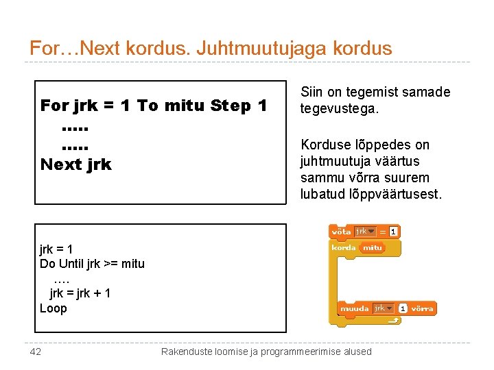 For…Next kordus. Juhtmuutujaga kordus For jrk = 1 To mitu Step 1 …. .