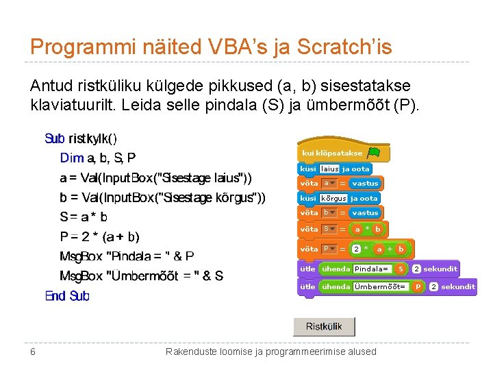 Programmi näited VBA’s ja Scratch’is Antud ristküliku külgede pikkused (a, b) sisestatakse klaviatuurilt. Leida