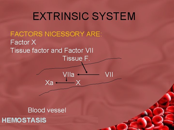EXTRINSIC SYSTEM FACTORS NICESSORY ARE: Factor X Tissue factor and Factor VII Tissue F.
