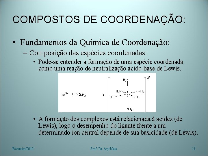 COMPOSTOS DE COORDENAÇÃO: • Fundamentos da Química de Coordenação: – Composição das espécies coordenadas: