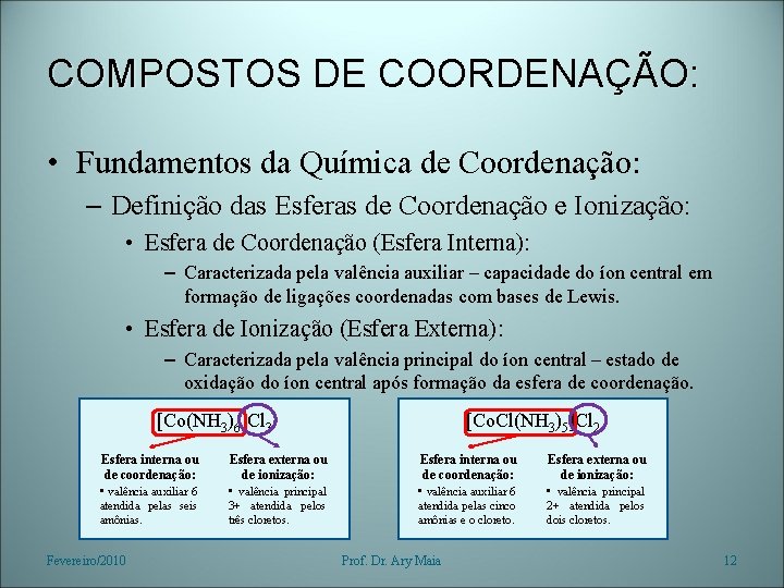 COMPOSTOS DE COORDENAÇÃO: • Fundamentos da Química de Coordenação: – Definição das Esferas de