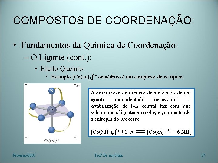 COMPOSTOS DE COORDENAÇÃO: • Fundamentos da Química de Coordenação: – O Ligante (cont. ):