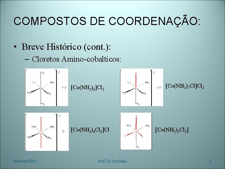 COMPOSTOS DE COORDENAÇÃO: • Breve Histórico (cont. ): – Cloretos Amino-cobaltícos: [Co(NH 3)6]Cl 3