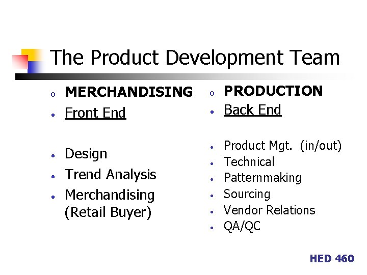 The Product Development Team o • • MERCHANDISING Front End Design Trend Analysis Merchandising