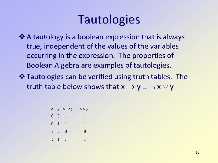 Tautologies A tautology is a boolean expression that is always true, independent of the