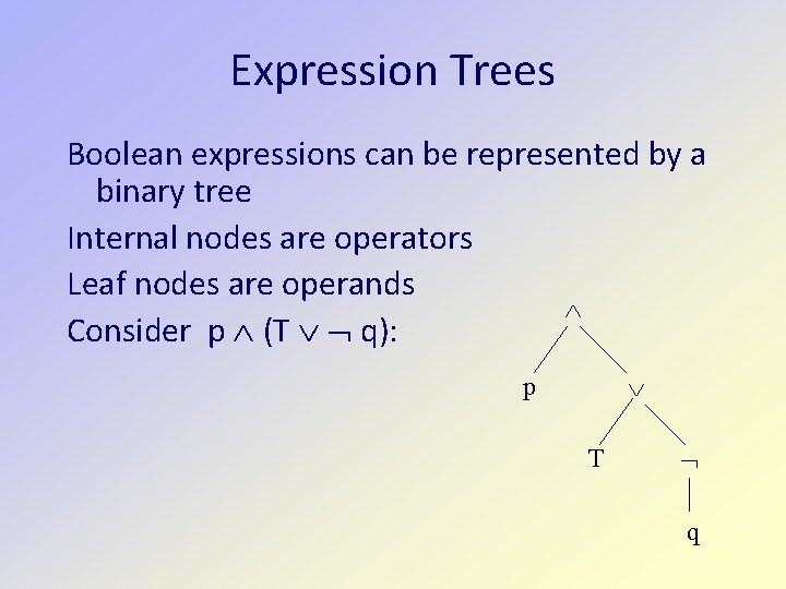 Expression Trees Boolean expressions can be represented by a binary tree Internal nodes are