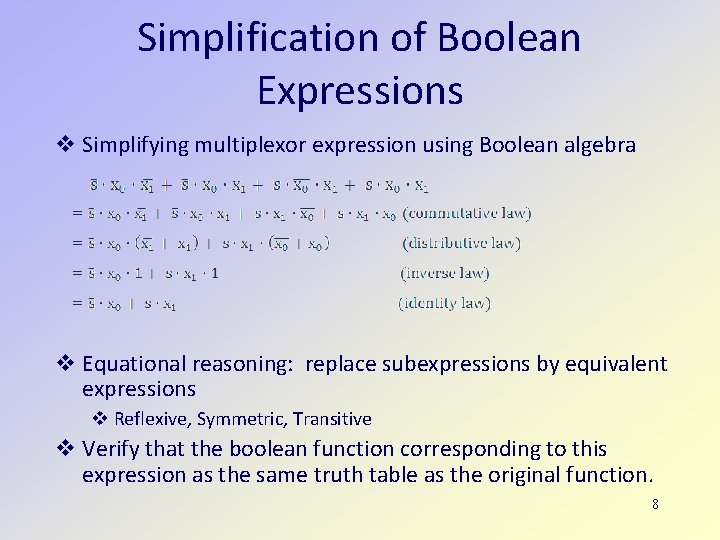 Simplification of Boolean Expressions Simplifying multiplexor expression using Boolean algebra Equational reasoning: replace subexpressions