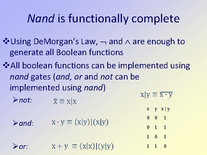 Nand is functionally complete Using De. Morgan’s Law, and are enough to generate all