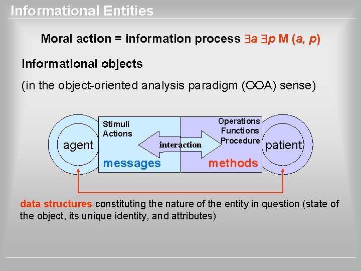 Informational Entities Moral action = information process a p M (a, p) Informational objects