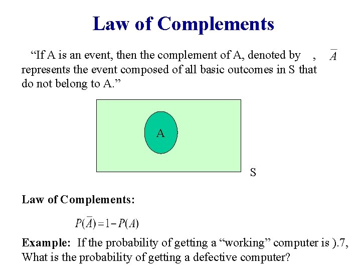 Law of Complements “If A is an event, then the complement of A, denoted