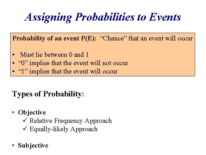 Assigning Probabilities to Events Probability of an event P(E): “Chance” that an event will