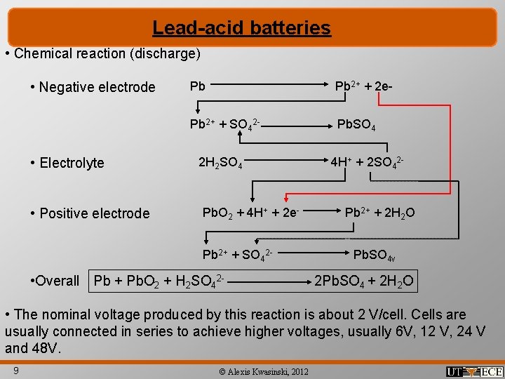 Lead-acid batteries • Chemical reaction (discharge) • Negative electrode • Electrolyte • Positive electrode