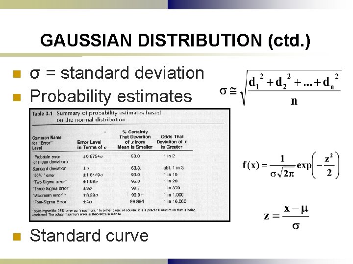 GAUSSIAN DISTRIBUTION (ctd. ) n σ = standard deviation Probability estimates n Standard curve