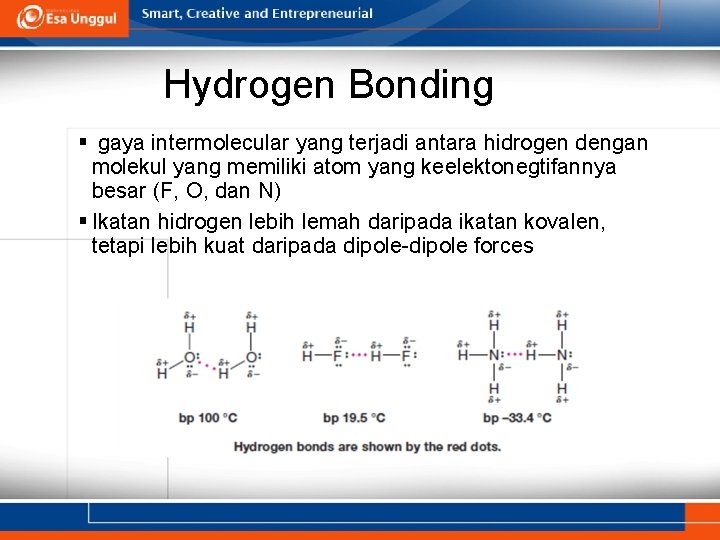 Hydrogen Bonding § gaya intermolecular yang terjadi antara hidrogen dengan molekul yang memiliki atom