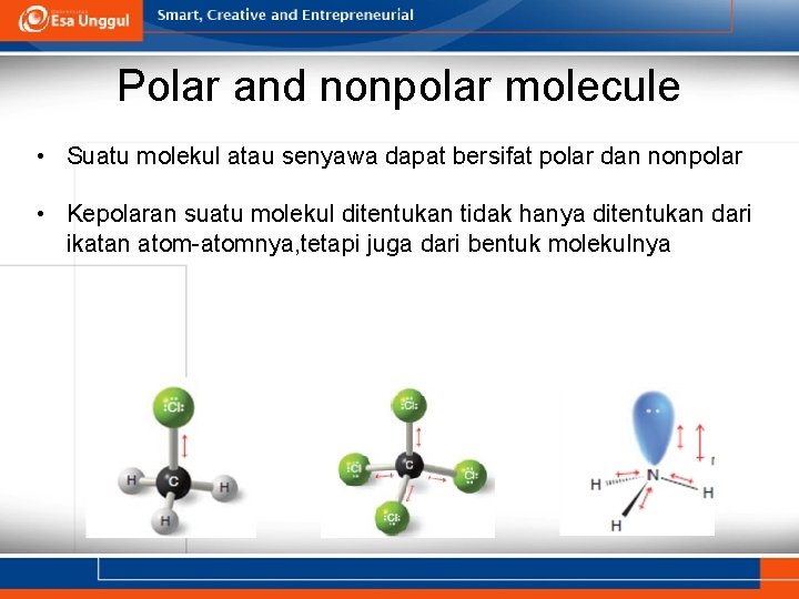 Polar and nonpolar molecule • Suatu molekul atau senyawa dapat bersifat polar dan nonpolar