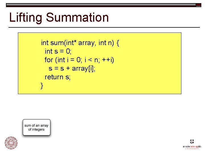 Lifting Summation int sum(int* array, int n) { int s = 0; for (int