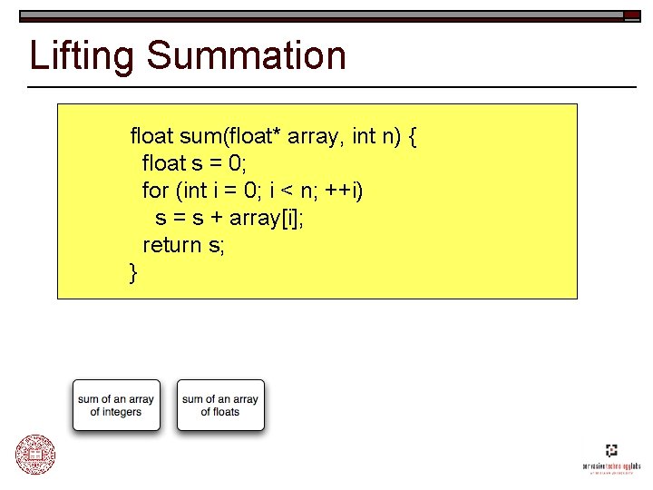 Lifting Summation float sum(float* array, int n) { float s = 0; for (int