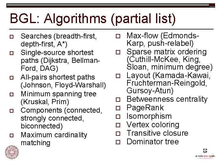 BGL: Algorithms (partial list) o o o Searches (breadth-first, depth-first, A*) Single-source shortest paths