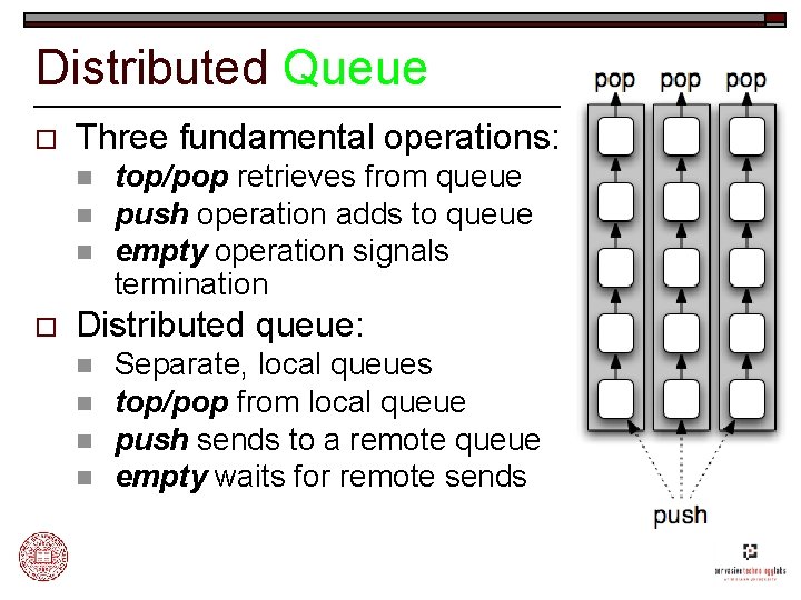 Distributed Queue o Three fundamental operations: n n n o top/pop retrieves from queue