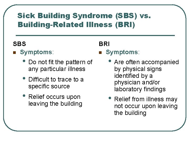 Sick Building Syndrome (SBS) vs. Building-Related Illness (BRI) SBS n Symptoms: • Do not