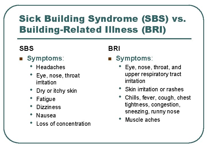Sick Building Syndrome (SBS) vs. Building-Related Illness (BRI) SBS n Symptoms: • • Headaches